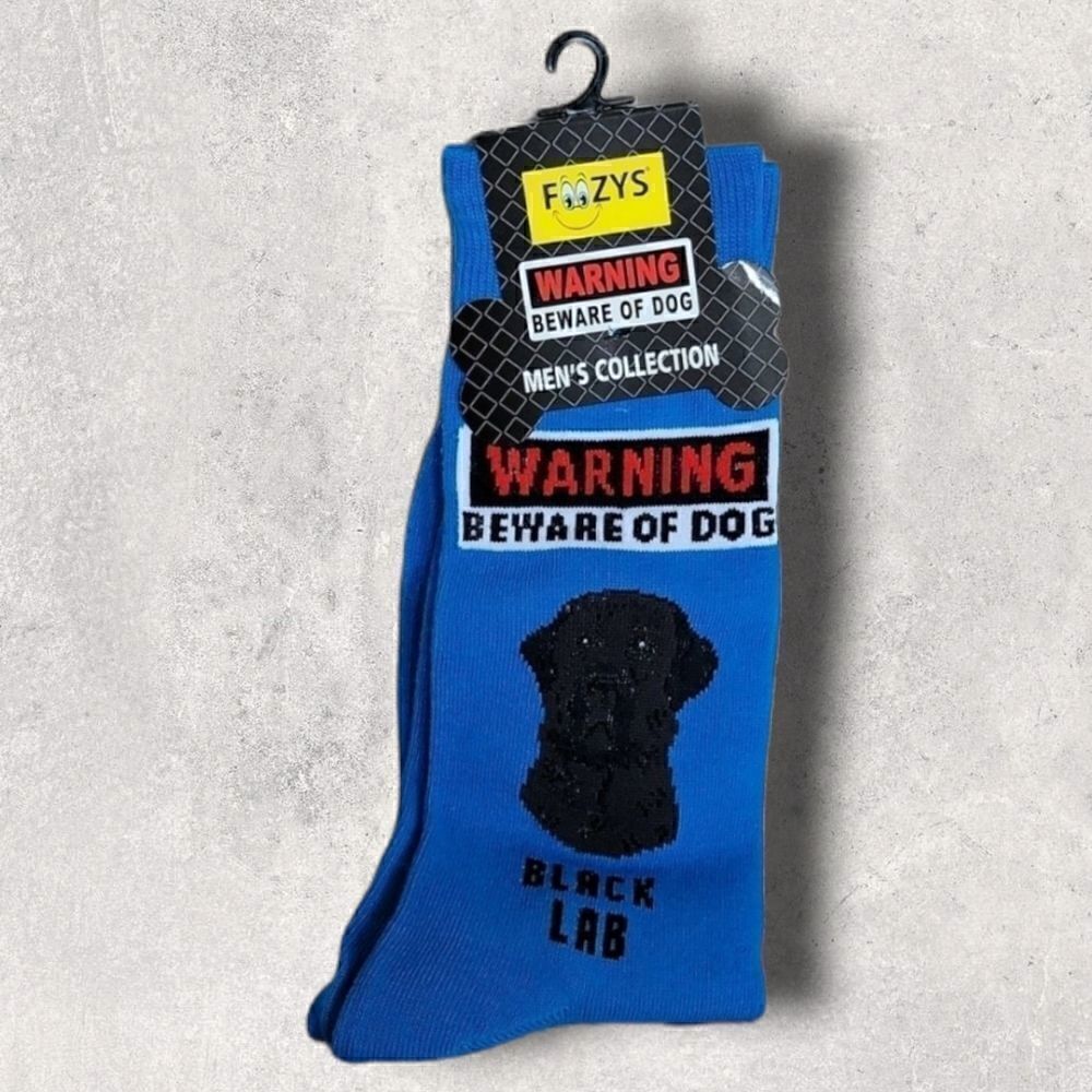 FOOZYS MEN'S "BEWARE OF DOG" BLACK LABRADOR ROYAL BLUE CREW SOCKS, NEW WITH TAGS